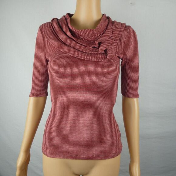 Deletta Anthropologie Red Brown White Striped Pleated Neck Mock Blouse Elbow XS - Picture 1 of 7